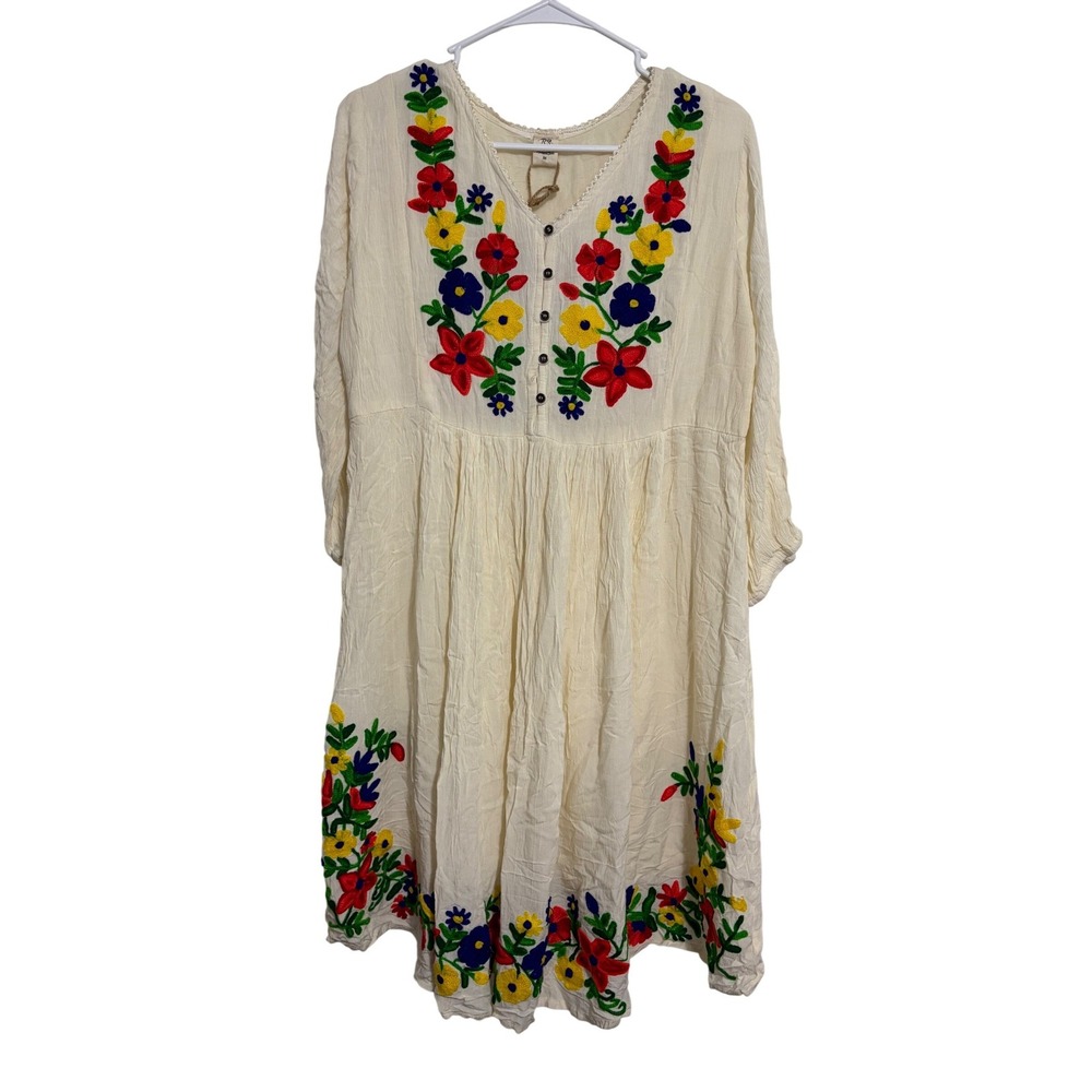 Riviera Sun Peasant Dress Embroidered Floral Cream Gauze NWT Boho Medium